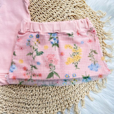 Conj. Body Coração Strass e Saia Floral - Pêssego 